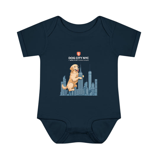 Dog City NYC Baby Bodysuit – Golden Retriever & Skyline Onesie