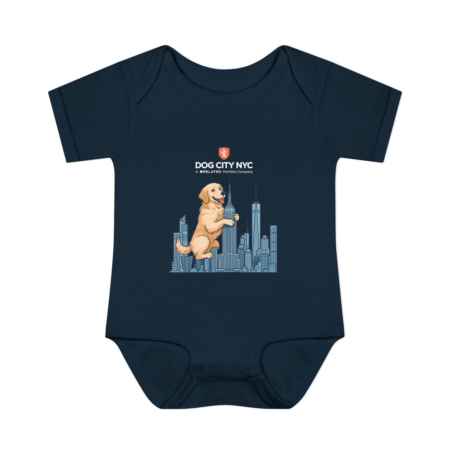 Dog City NYC Baby Bodysuit – Golden Retriever & Skyline Onesie