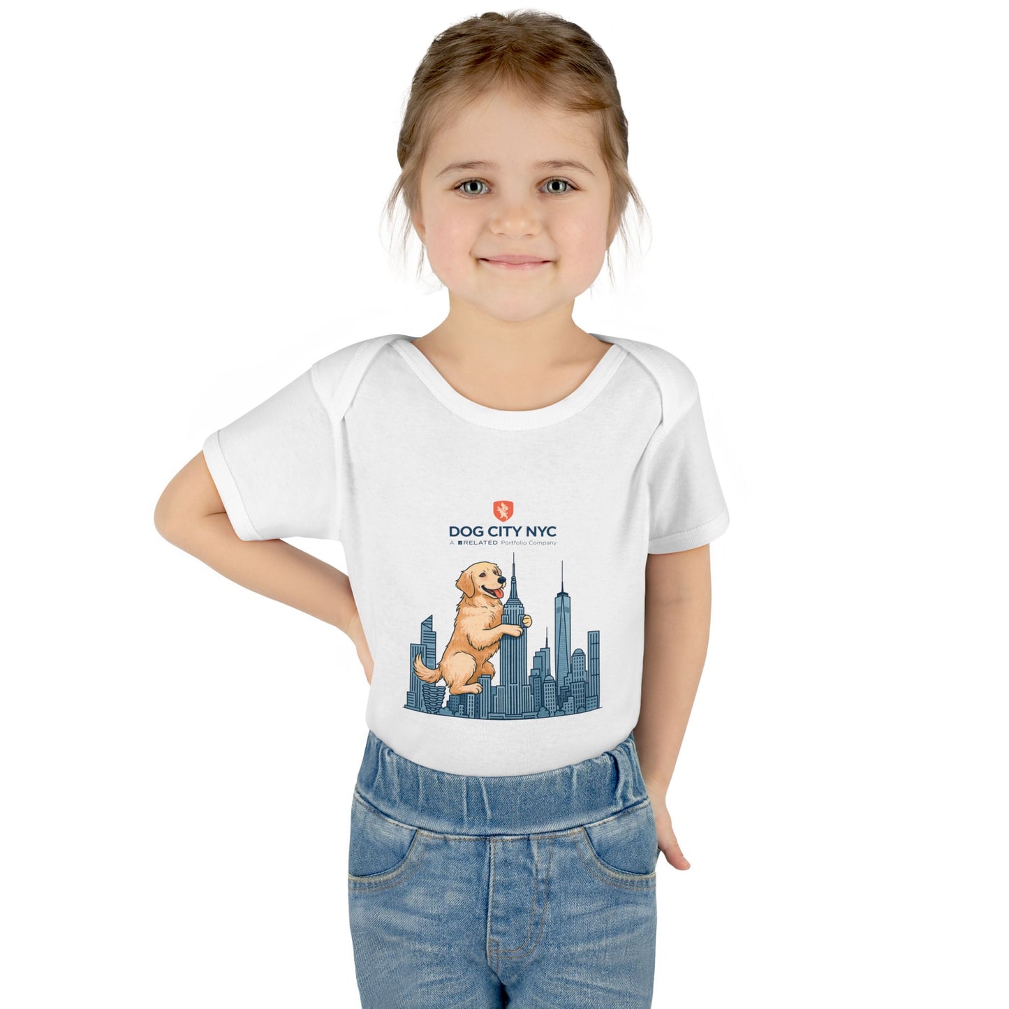 Dog City NYC Baby Bodysuit – Golden Retriever & Skyline Onesie